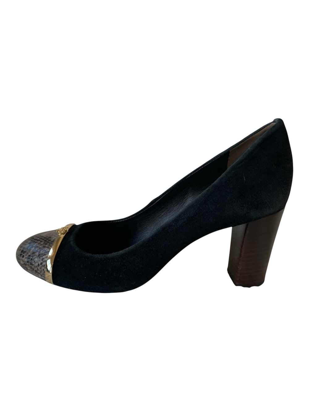 Tory Burch Pacey Black Suede Snake Cap Toe Block Heel Pumps Women’s 7 - Picture 8 of 12